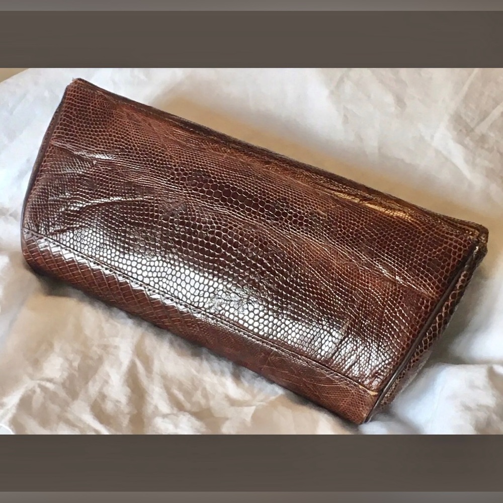 VINTAGE brown leather clutch purse Snakeskin Snap closure Mint condition - Picture 3 of 8